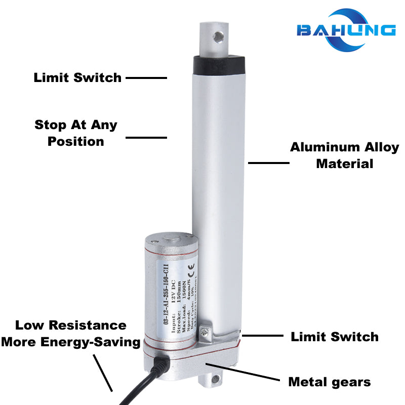 BH-03-Mini Linear Actuator 150mm-350mm 12V 24vDC ,linear motor for fire-fighting window-Stroke6-8-10-12-14inch Max Load 1500N 330LBS , Silver